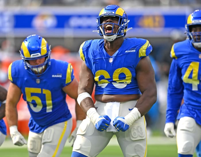 Oct 24, 2021; Inglewood, California, USA; Los Angeles Rams defensive tackle Sebastian Joseph-Day (69) reacts after a tackle in the first half of the game against the Detroit Lions at SoFi Stadium. Mandatory Credit: Jayne Kamin-Oncea-USA TODAY Sports